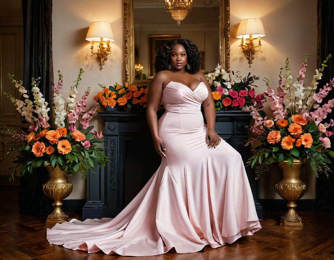 A captivating scene showcasing confident plus-size models exuding allure in a luxurious, softly lit setting. The models are dressed in elegant, form-fitting outfits that celebrate their curves, surrounded by rich fabrics and delicate floral arrangements. The atmosphere radiates empowerment and sensuality, inviting the viewer to embrace beauty in all forms. A blend of bold colors and soft pastels to emphasize drama and warmth. super-realistic. vibrant colors. soft lighting.